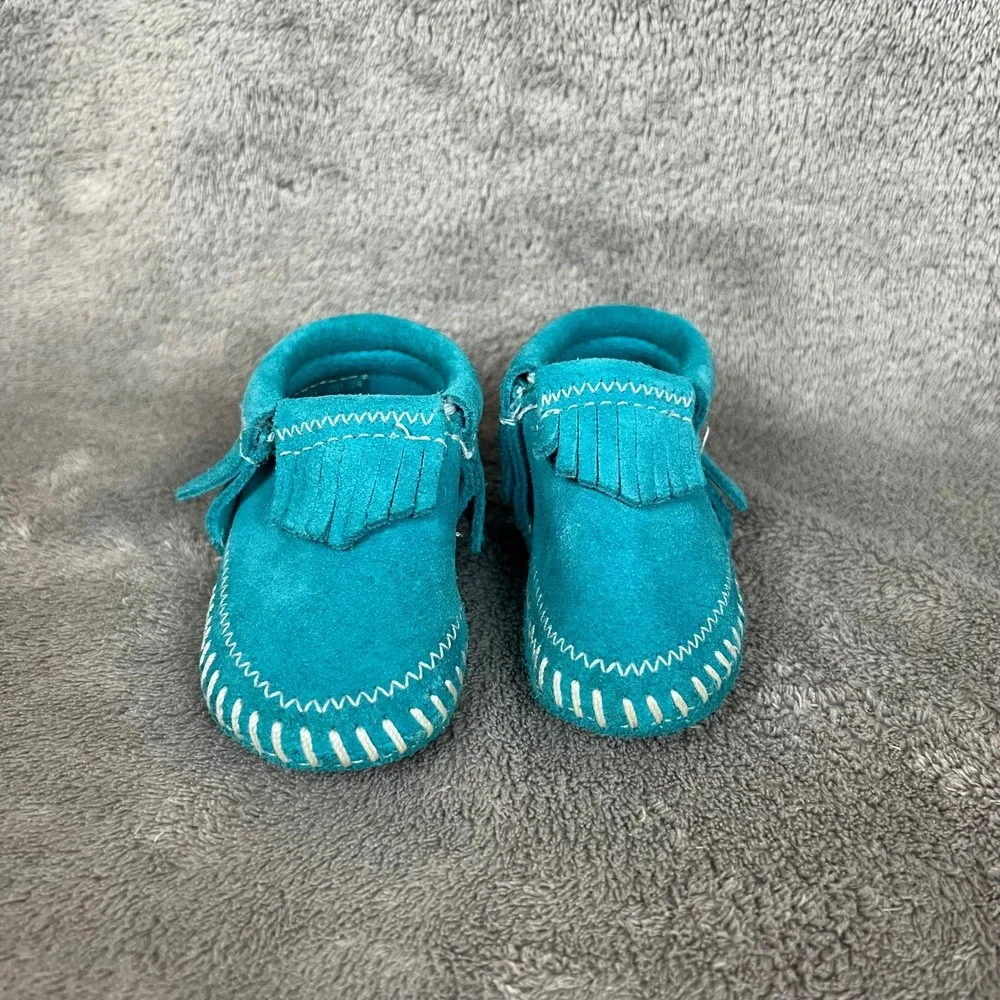 Minnetonka‎ Infant Riley Booties Turquoise Suede Leather Fringe Size 0
